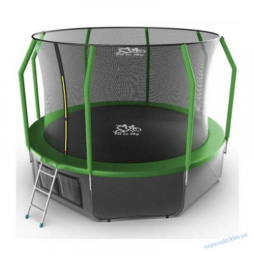 Батут FitToSky 374см с внутренней сеткой и лесенкой зеленый