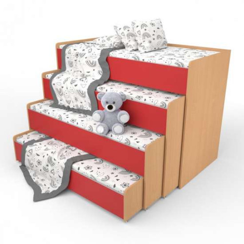 Детская кровать телескопическая на 4 яруса для сада 140х60 красная