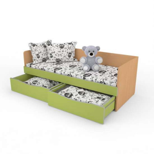 Детская кроватка одноярусная для садика 140х60 зеленая со спинкой и ящиками