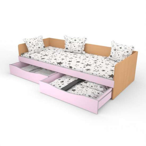 Детская кроватка одноярусная для садика 190х80 розовая со спинкой и ящиками