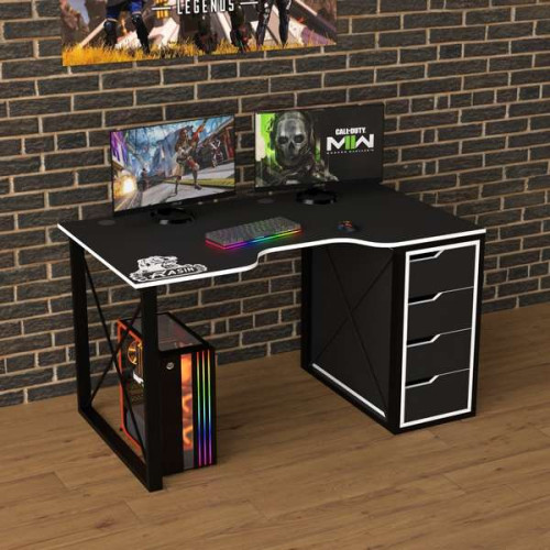 Геймерский стол лофт Rasin RS-16 черно-белый (кромка разного цвета) с шухлядами