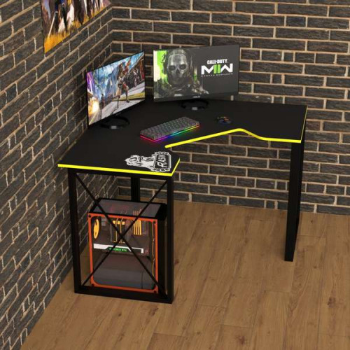 Угловой гемерский стол лофт Rasin RS-20 черно-желтый (кромка разного цвета) ножки металл