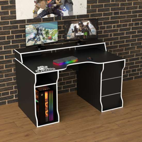 Геймерский игровой стол Rasin RS-26 черно-белый (кромка разного цвета) с полочкой для монитора