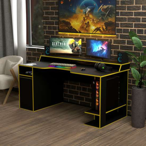 Игровой стол для геймеров Rasin RS-28 черный+желтый (кромка разного цвета) с полочкой для монитора и тумбой