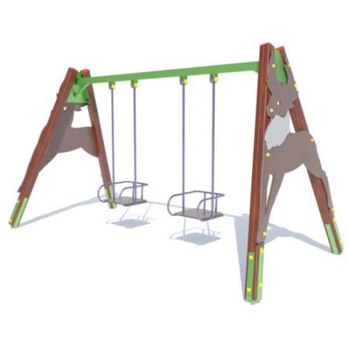 Детская качеля современная на деревянных стойках двойная Детская качеля современная на деревянных стойках двойная