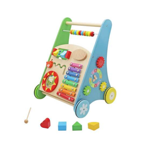 Детская деревянная развивающая коляска-ходунки бизиборд разноцветная