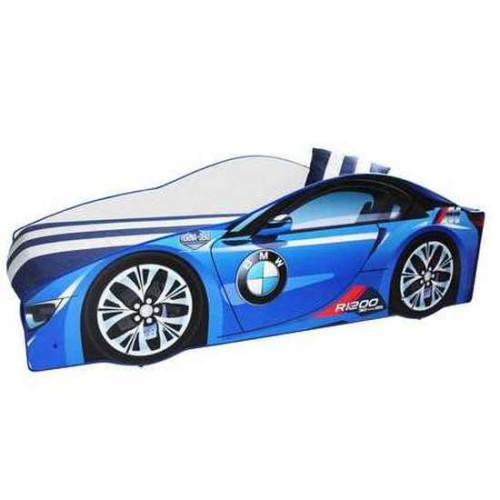 Детская кровать машина с матрасом  БМВ синяя с подьемным механизмом