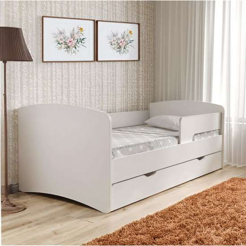 Детская кровать белого цвета с ящиком и бортиком КиндерКул 170/190см