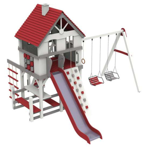 Сучасний дитячий майданчик з дерева Дача з гойдалками, червона Сучасний дитячий майданчик з дерева Дача з гойдалками, червона