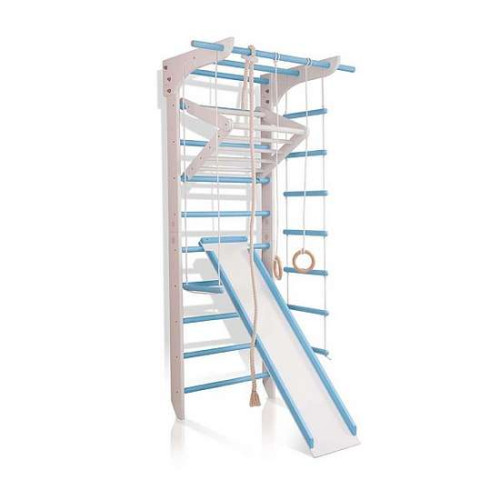 Шведская стенка бело-голубой из натурального дерева 3-Lux 3-240 с горкой и навесным турником