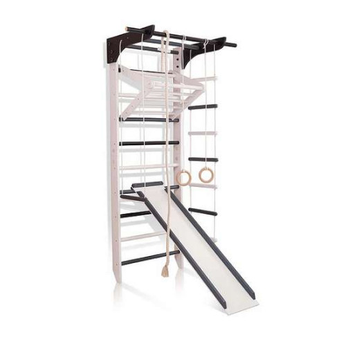 Шведская стенка бело-черная из натурального дерева 4-Lux 3-240 с горкой и навесным турником