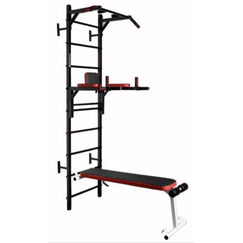 Металлическая шведская стенка №4 черная с турником, брусьями и лавой для жима Металлическая шведская стенка №4 черная с турником, брусьями и лавой для жима