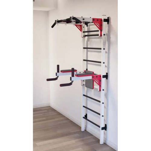 Шведская стенка с турником и брусьями усилена белая с красно-черными элементами – спортивное оборудование