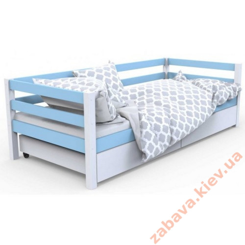 Детская деревянная кровать с выдвижными ящиками "Валенсия" бело голубая Детская деревянная кровать с выдвижными ящиками "Валенсия" бело голубая
