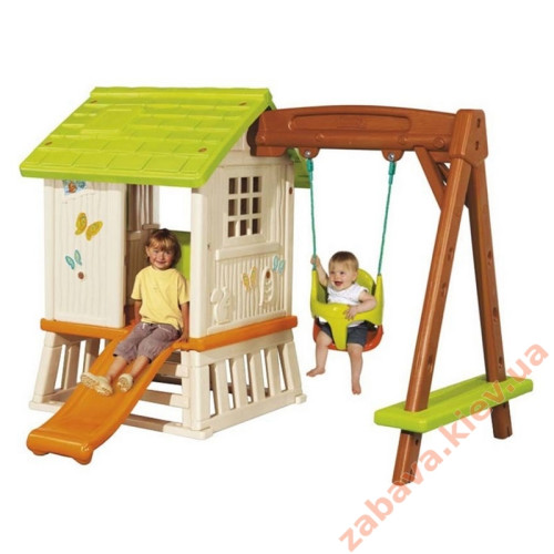 Большой игровой коттеджный дом с горкой и качелей 2в1 Большой игровой коттеджный дом с горкой и качелей 2в1